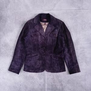 Danier Leather Suede Button-Front Blazer Jacket - Deep Purple